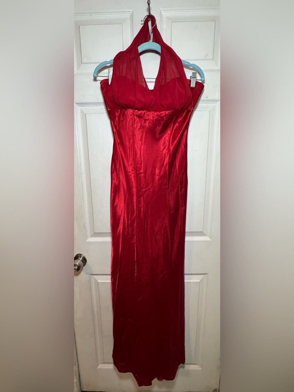 Vintage 90s Betsy & Adam by Linda Bernell Satin Red Formal Evening Gown Prom